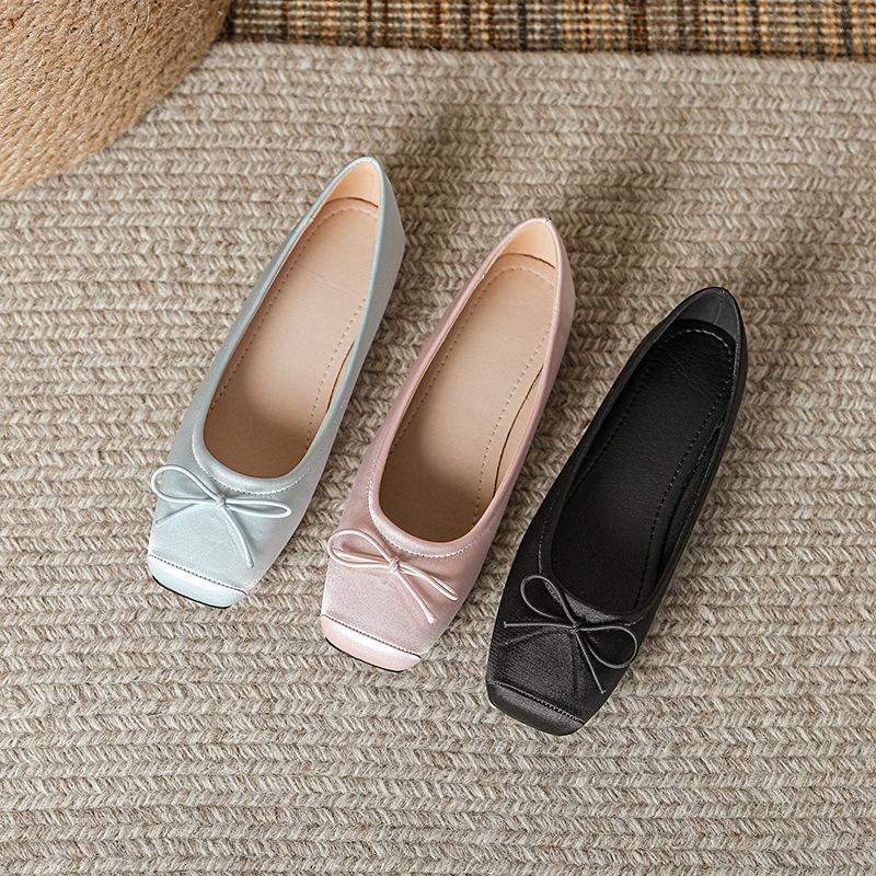 Fashion Deliate Bowtie Silk Ballerinas Woman Traf Pig Square Toe Flats Shallow Slip On Moccasins Femme Brides Wedding Shoes Pink Ballets