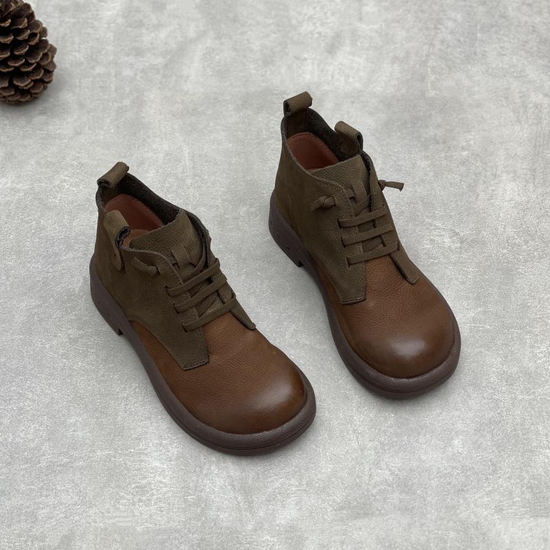 Fashion GKTINOO Natural Leather Women's Shoes Handmade Soft Cow Leather British Style Flat Autumn High-top Leisure Shoes Short Boots