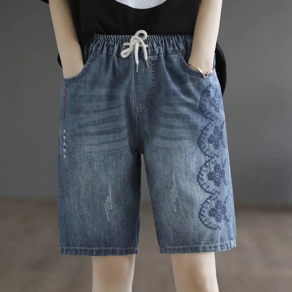 Women's Summer Korean-Style Elastic Waist Large-Pocket Denim Shorts - Loose-Fit Slimming Wide-Leg Pants