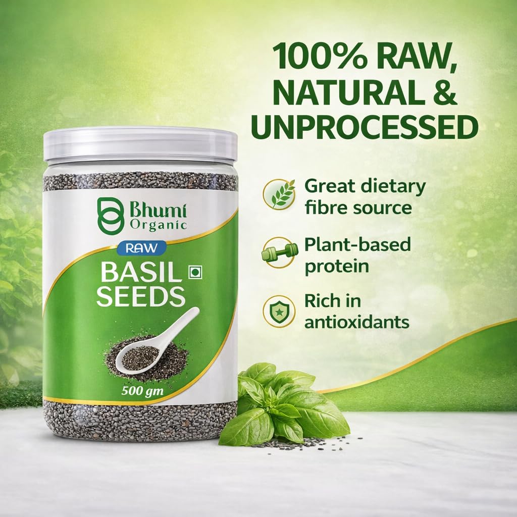 Bhumi Organic Basil Seeds 500g - Sabja Seeds | Beat the Summer Heat | High Fibre and Omega 3