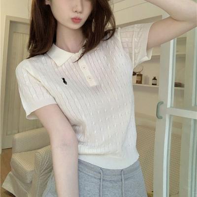 Women's Beautiful Short-sleeved Cable Knit Lapel T-shirt