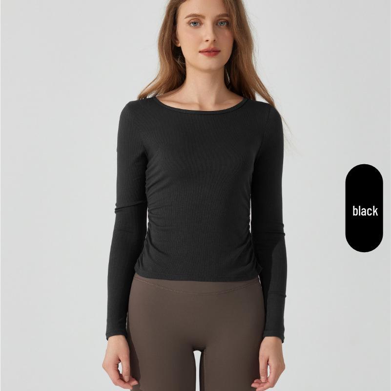 

Европейский и американский осенне-зимний топ для йоги: Приталенная, Приятная к коже, Со сборками, С круглым вырезом, Повседневная, Женская футболка для фитнеса с длинным рукавом. XL