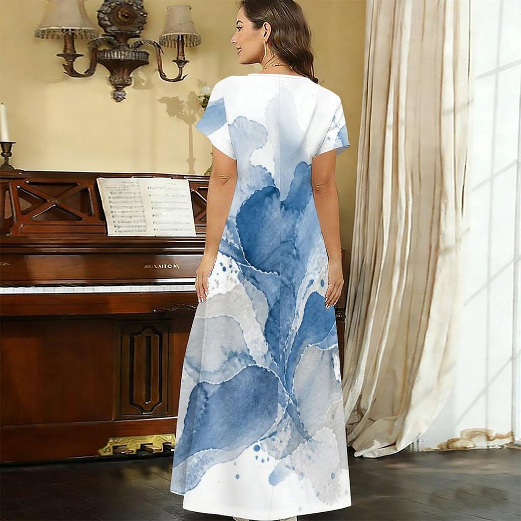 Women Plus Size V Neck Short Sleeve Abstract Printed Blue Beige White Long Maxi Dress