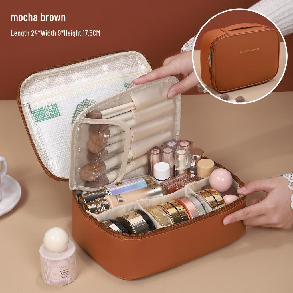 Waterproof PU Large Capacity Women's Makeup & Toiletry Bag with Partitioned Layers and Sturdy Design