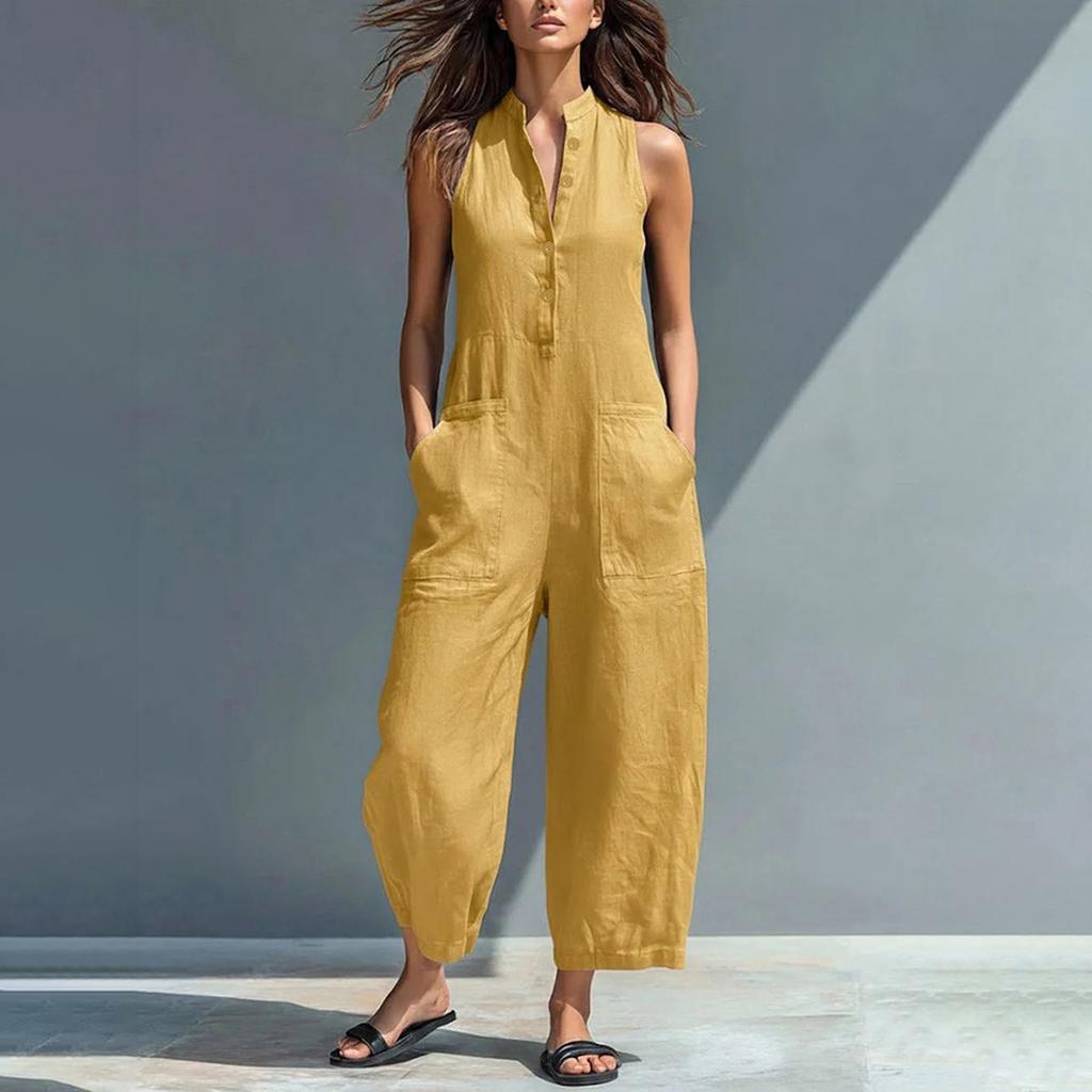 Modischer und lässiger ärmelloser Jumpsuit für Damen mit Knopfleiste, V-Ausschnitt und Taschen