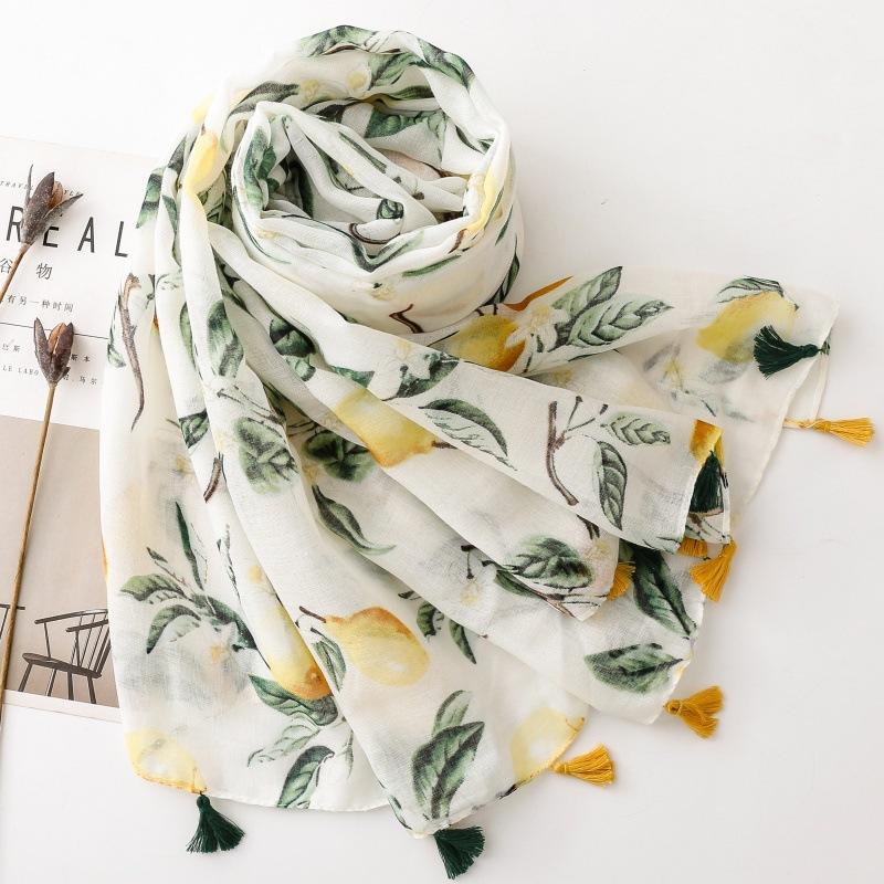 Lemon Pattern Women Viscose Scarf 88*180cm Cotton Linen Feeling Soft Shawl Tassel Hijab Wrap Pashmina Soft Summer Beach