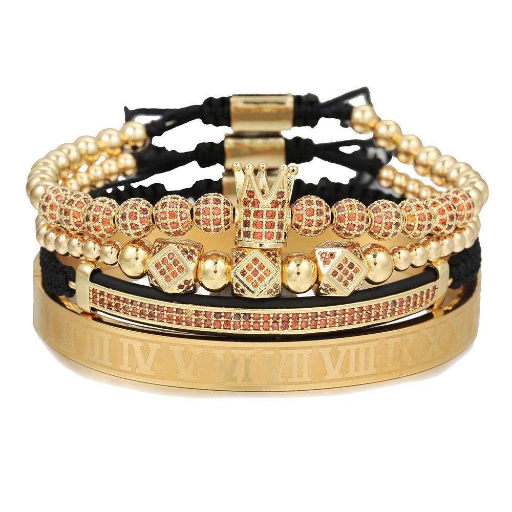 European and American Men's Micro-inlaid Zircon Diamond Ball Crown Stacked Diamond Bracelet Set Stainless Steel Roman Bracelet Four-piece Set