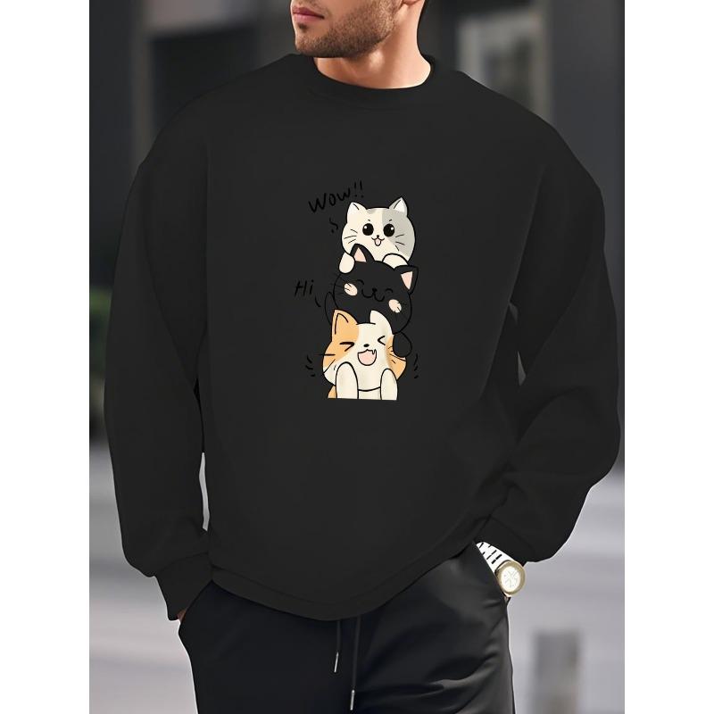 Cute Cat, Adorable Pet Print Men'S New Crew Neck Sweatshirt, Loose Fit Fashionable Trendy Casual Sporty Versatile Pullover Top for Men