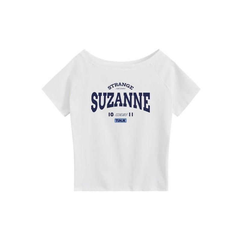 American trendy brand white slanted shoulder off-shoulder letter design short-sleeved T-shirt women s summer new one-word shoulder top women s S