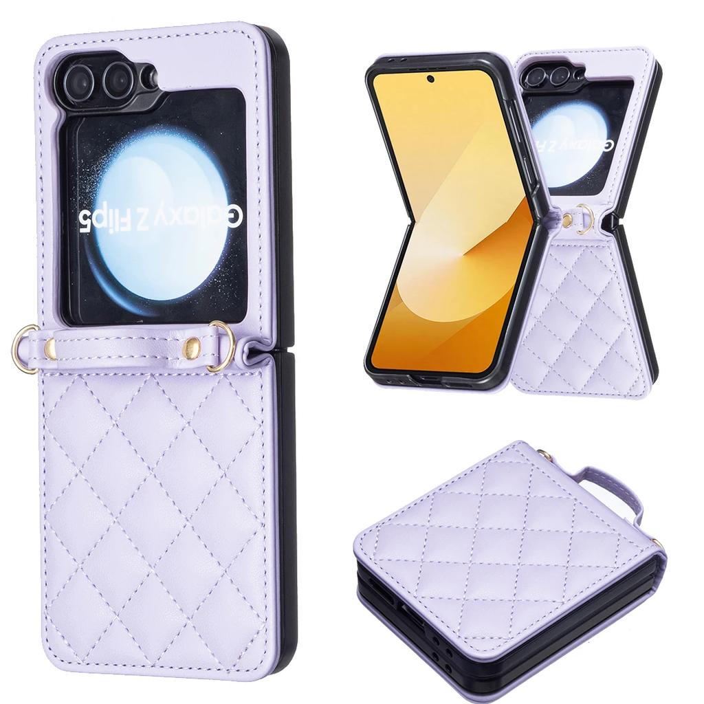 Luxury Crossbody Diamond Leather Case For Samsung Galaxy Z Flip 7 FE 6 5 4 3 5G Flip6 Shoulder Strap Slim Plain Folding Cover