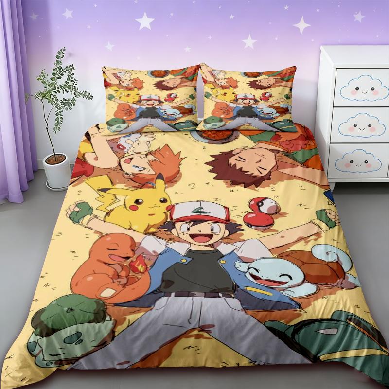 

Pikachu 3pcs Duvet Cover Cute Pokemon Bedding Set Quilt Covers Comforter Cover Queen King Size for Teens Bedroom Bed Decor 135x200cm
