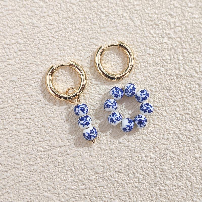 1 Pairs Chinese Style Imitation Blue And White Heart Ceramic Pendant Earrings Stainless Steel Ear Buckle Accessories