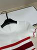 Brand New Embroidered Stripe Color Block Round Neck Knit Short Sleeve Summer Slim Fashion Top