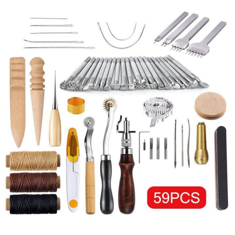 59 Pcs/Set Leather Craft Hand Tools Kit for Hand Sewing Stitching Stamping Saddle Making  Groover