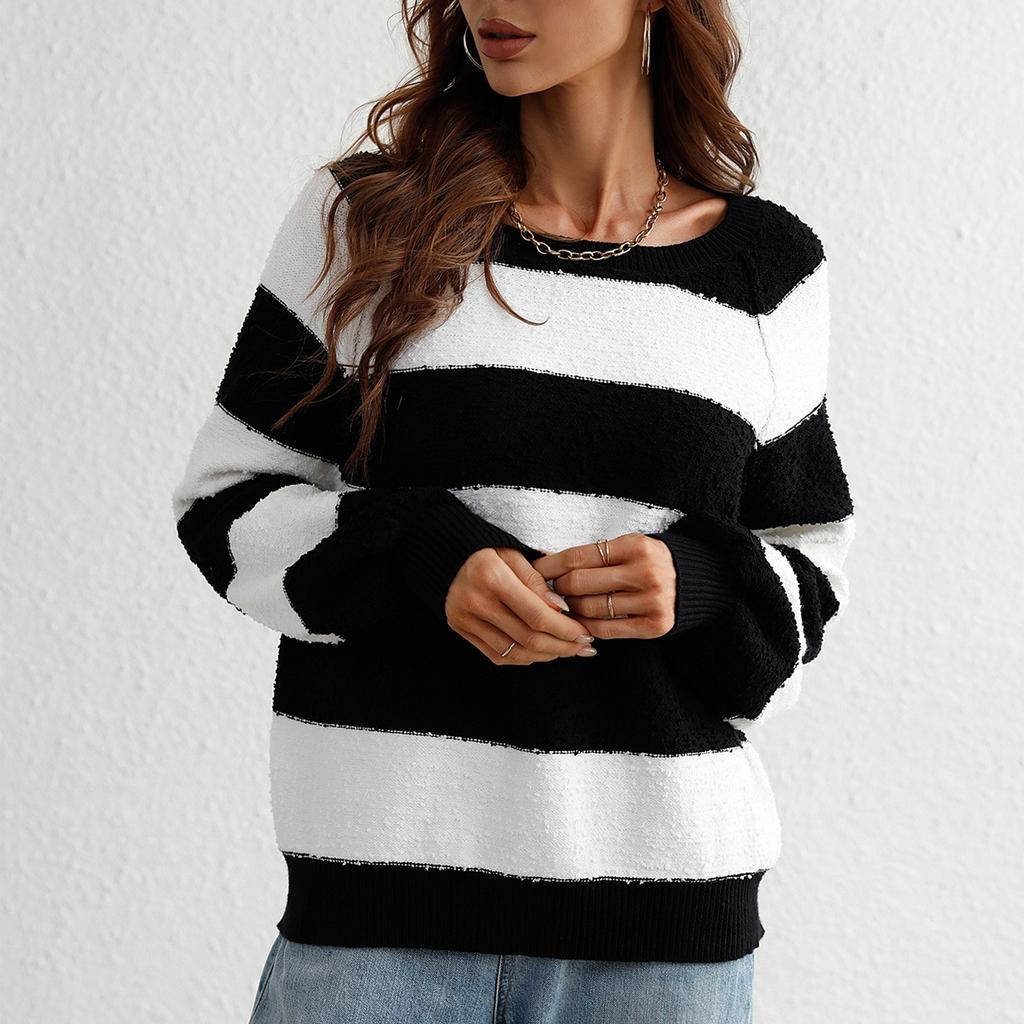 Women's  And Winter Splicing Knit Sweater Round Neck Long Sleeve Striped Sweater