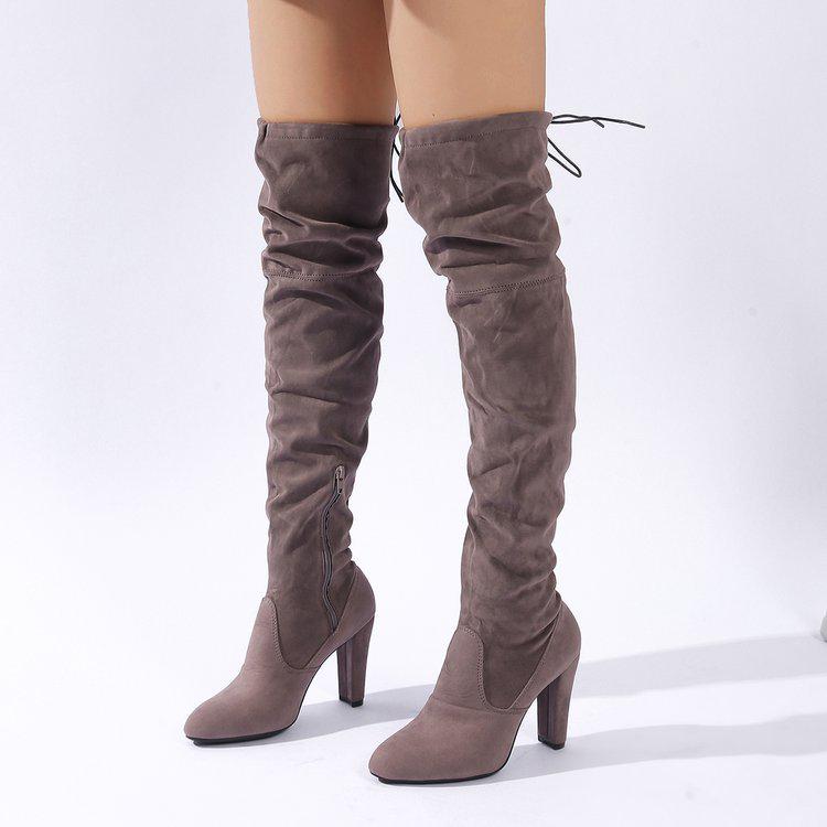 Women's Plus Size Over-the-Knee Suede Stretch Boots with High Chunky Heel and Pointed Toe