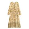Boho Gold Foil Floral Print Dress V-Neck Tie Waist Lantern Sleeve A-Line Maxi Vacation