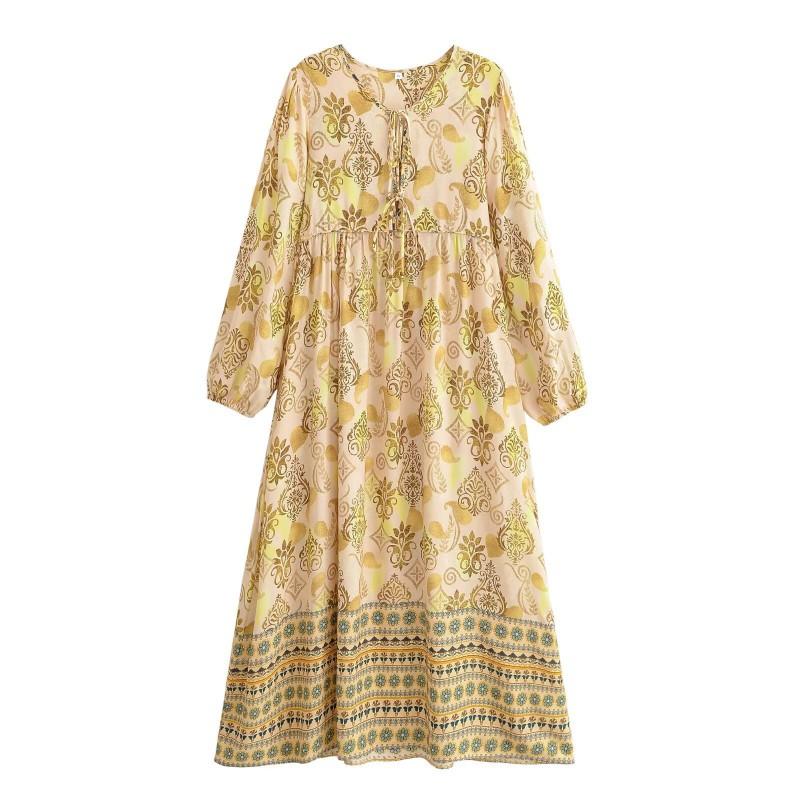 Boho Gold Foil Floral Print Dress V-Neck Tie Waist Lantern Sleeve A-Line Maxi Vacation