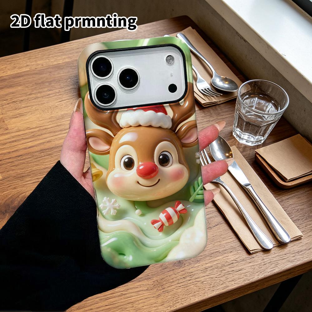 Phone case: 2D flat design suitable for iPhone 18 17 16 15 14 13 Pro protective case, red-nosed little reindeer, perfect Christmas and Halloween holid