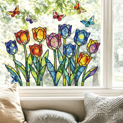Spring Summer Tulip Window Clings, Stained Glass Style Floral Butterflies Window Sticker, Double-Side Glass Decals for Home Office School