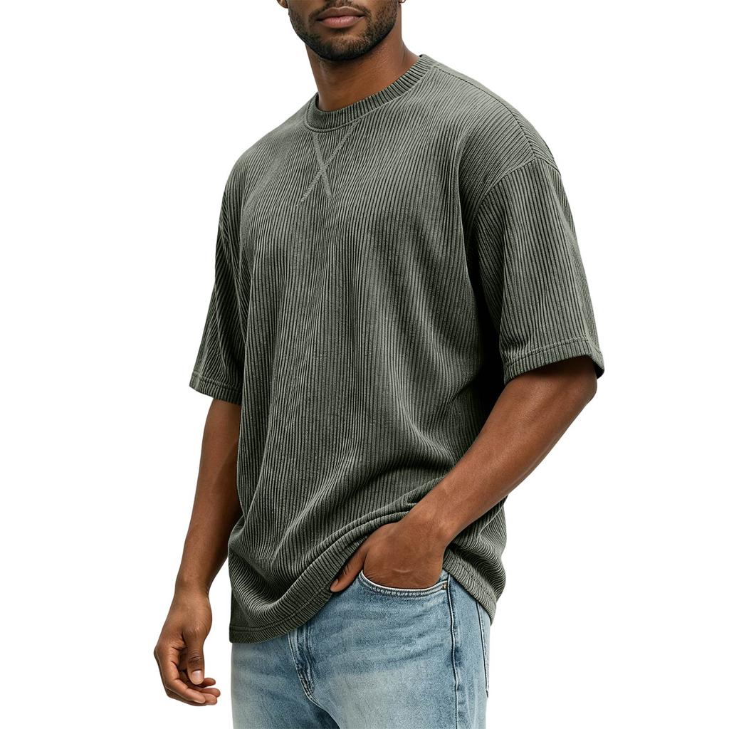 T-shirt da uomo in velluto a coste, vestibilità larga, girocollo, manica corta, top casual