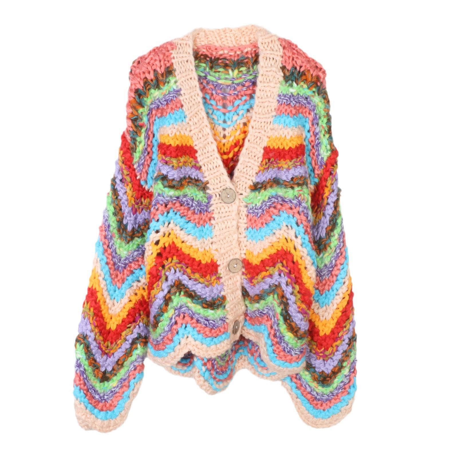 

Trendy V-neck Rainbow Cable Knit Cardigan - Loose Fit for Autumn/Winter Medium
