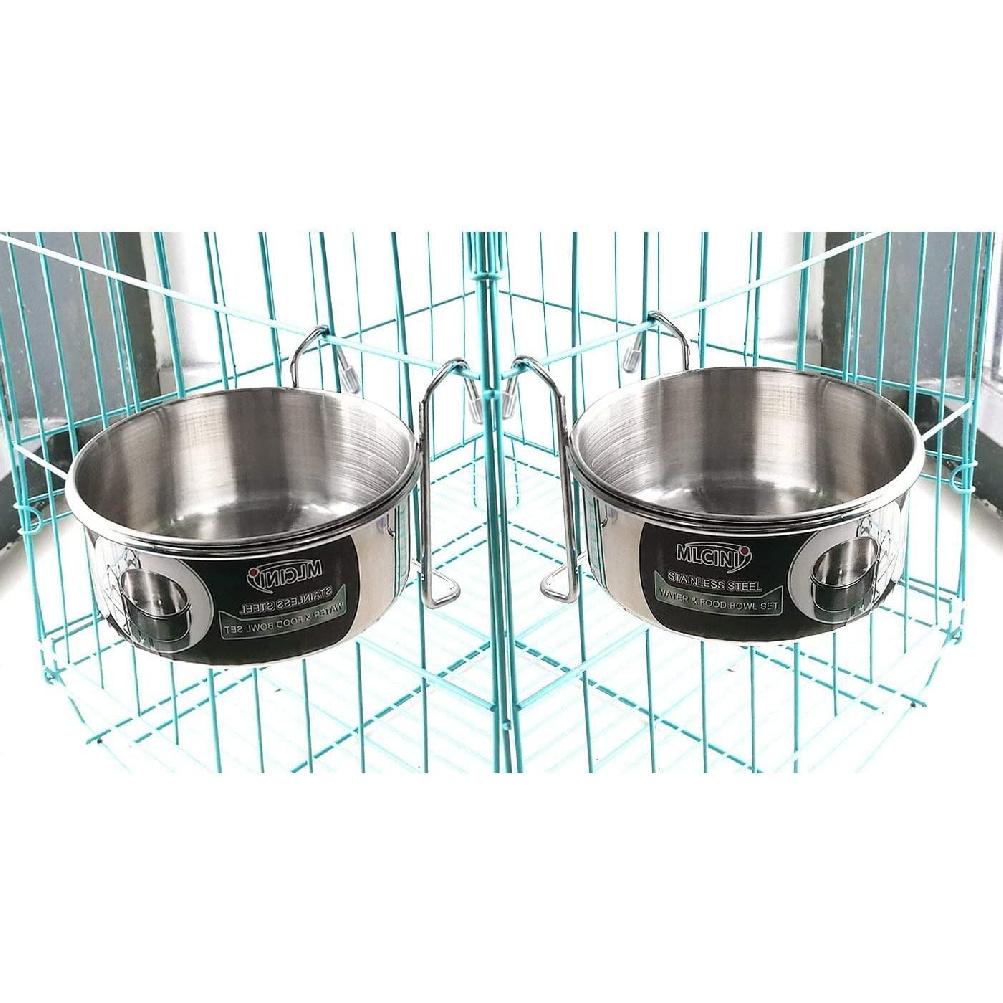 Hanging Pet Bowl, 3 Size 2 Pack Non Spill Stainless Steel Food Water Bowls Bunny Feeder with Hook for Dogs Cats in Crate, Cage & Kennel (S/18 Ounce)
