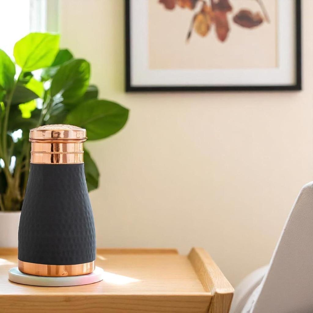 Pure Copper Bedroom Bottle with Inbuilt Glass, Grey Silk Finish Hammered Design - Drinkware & Storage Purpose, Volume 900 ml