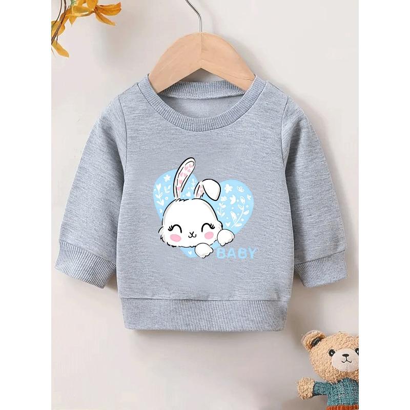 Cute Rabbit Print Sweatshirt for Baby Girls, Lightweight And Round-Necked, Designed for Ages 0-3