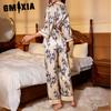 GMXIA Pyjamas Autumn and Winter Women Simulation Silk French Cardigan Lace-up Robe Pajama Trousers Senior Sense of Homewear Suit