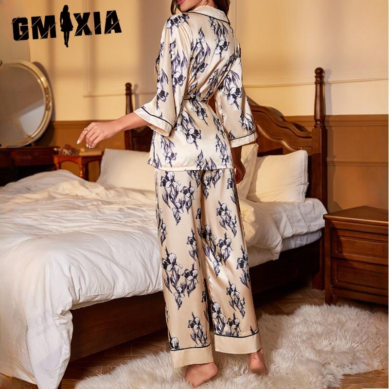 GMXIA Pyjamas Autumn and Winter Women Simulation Silk French Cardigan Lace-up Robe Pajama Trousers Senior Sense of Homewear Suit