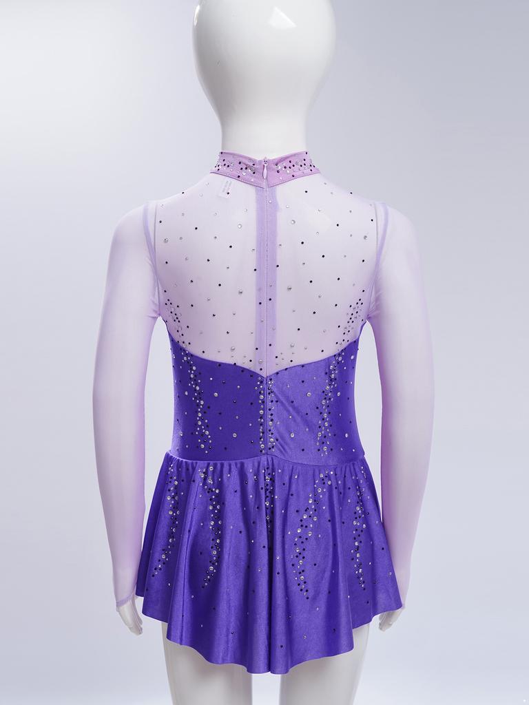 Jenter Skøytekjoler Dansedrakter Mock Neck Langermet Fargeblokk Gjennomsiktig Mesh Patchwork Skinnende Rhinestones Kjole