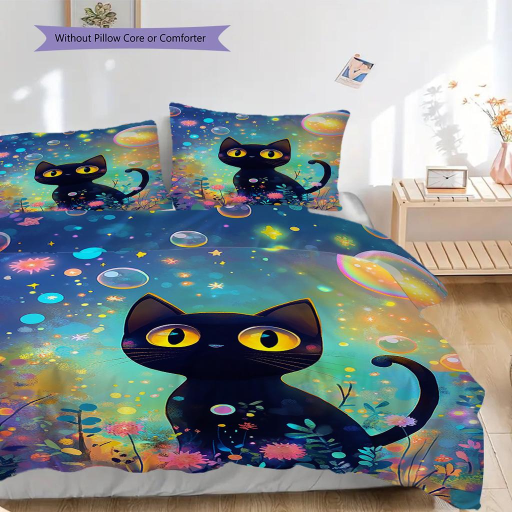 Black Cat Pattern Bedding Quilt Set Quilt Cover Pillowcase Home Decoration Birthday Gift (1 * Duvet Cover + 2 * Pillowcase, Without Core)