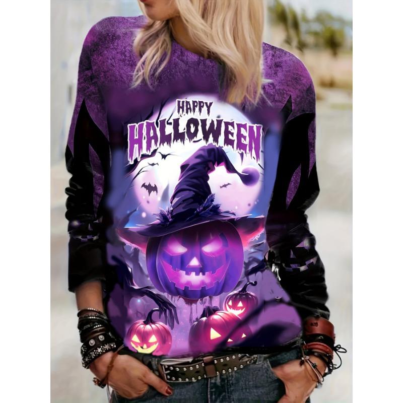 Halloween Damen Sweatshirt Designer Rundhals Langarm Locker Lässig Herbst Farbverlauf Spinnennetz Lustiges Muster Druck Oberteile