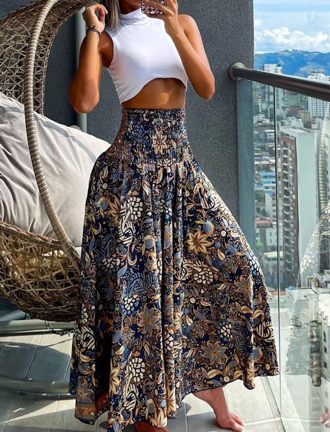 2024 Retro Floral Print Waist-Cinching Wide-Leg Pants for European and American Women