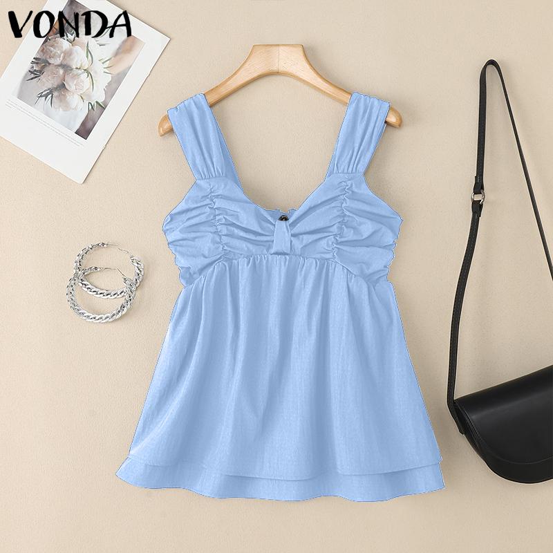 VONDA Women Strap Sleeveless Ruffled Back Elastic Casual Stretch Tank Tops