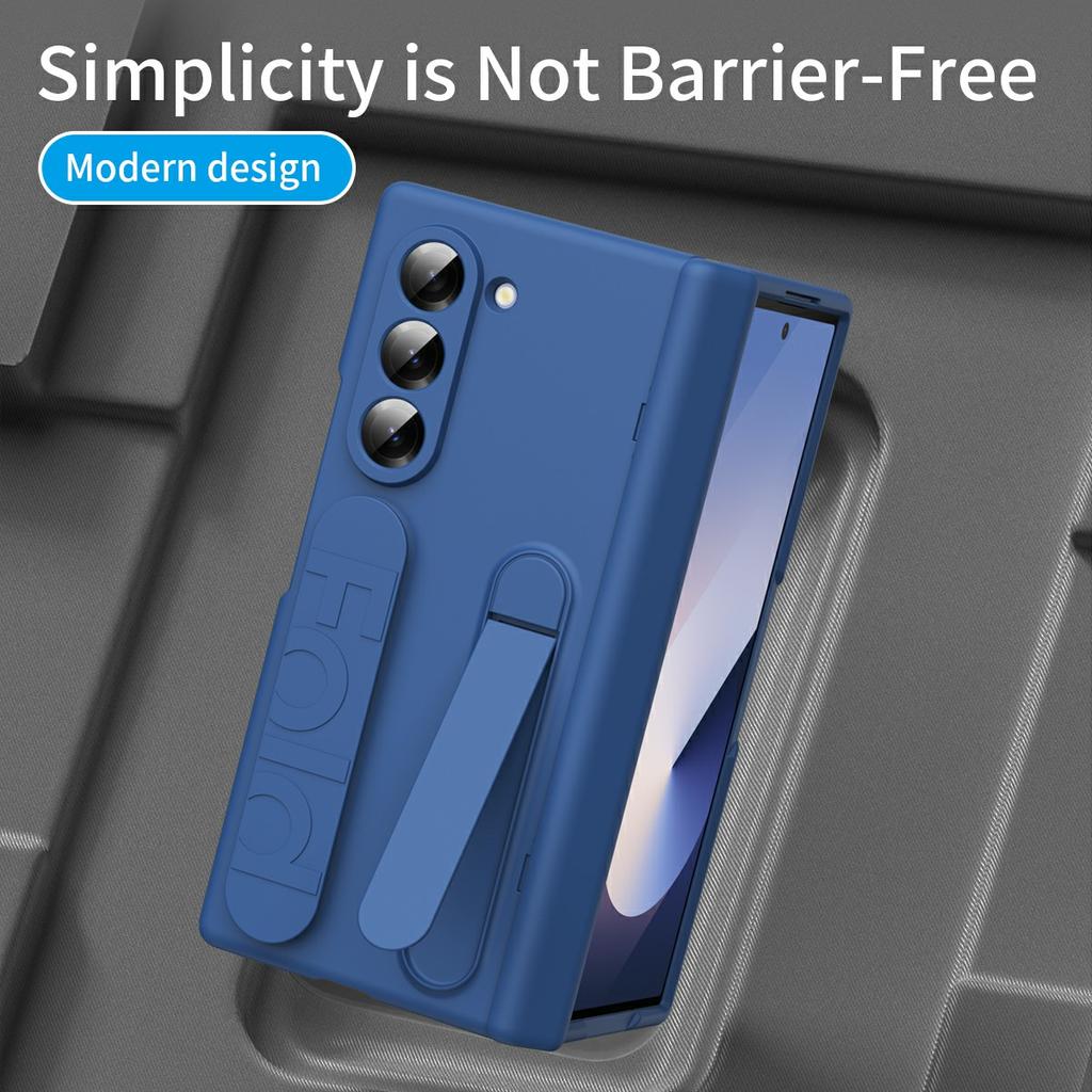 For Samsung Galaxy Z Fold6 5G Case with Tempered Glass Film Silicone Wristband Kickstand PC Phone Cover