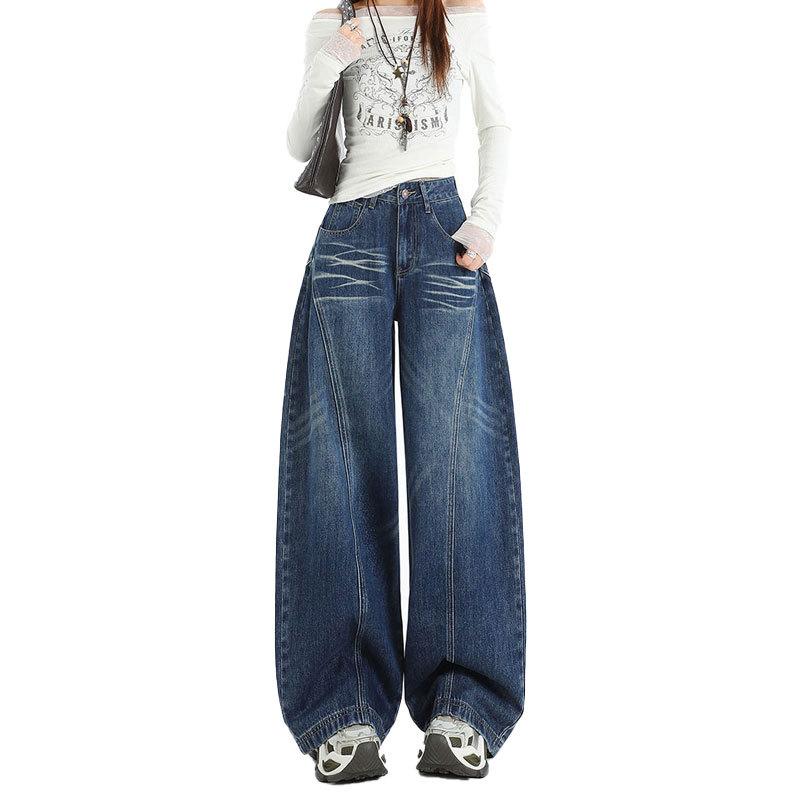 Hochtaillierte gewaschene tiefblaue Jeans für Damen Herbst Retro Weitbeinjeans