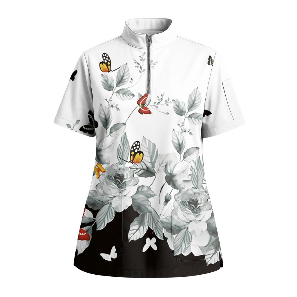 Women's Short Sleeved Printed V-neck Buttonable Side Slit Top T-shirt