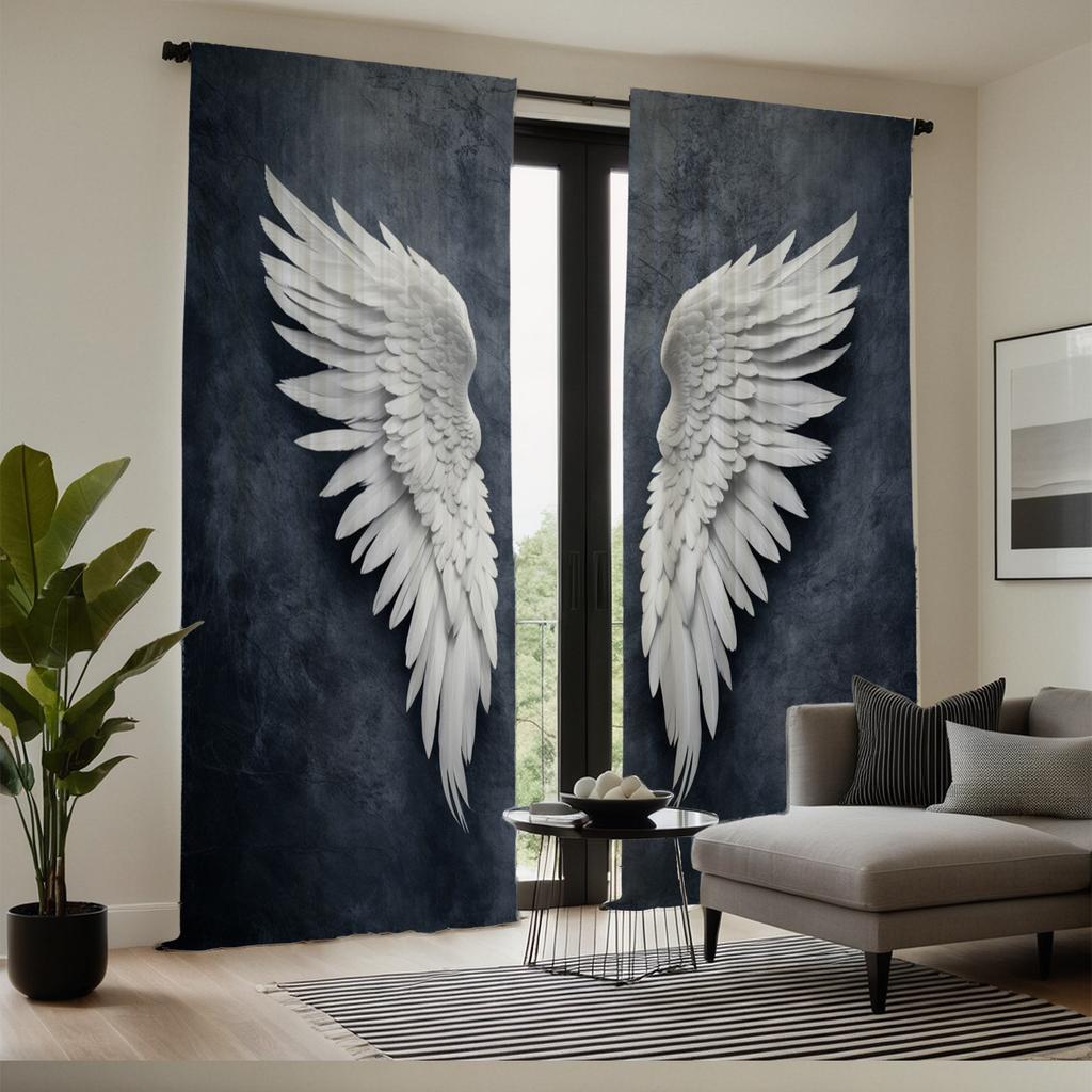 Set Of 2 Glam Style Semi Curtains White Angel Wings Print Deep Blue Textured Background Polyester Machine Washa Light Filtering Made