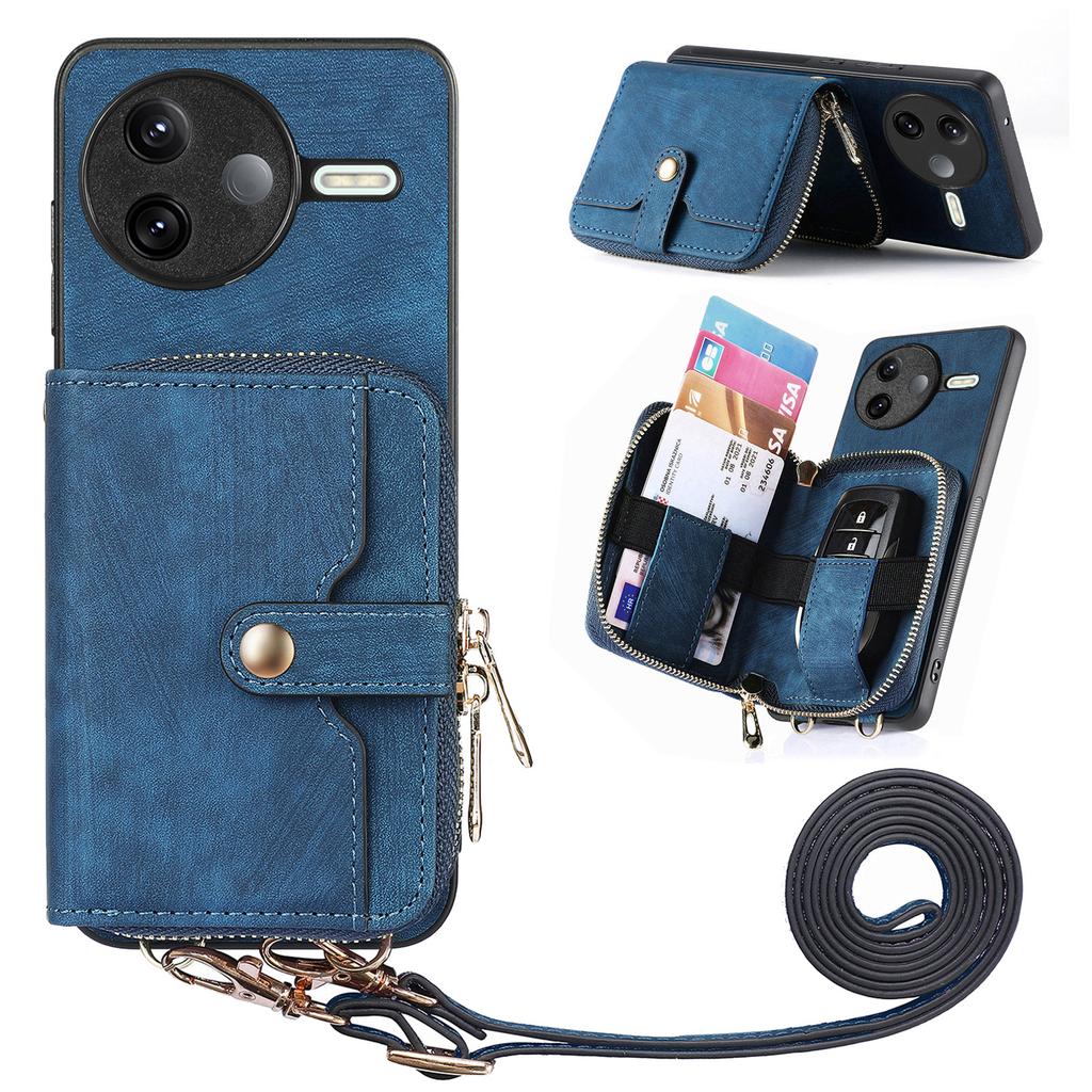 For Xiaomi Poco F7 Pro 5G/Xiaomi Redmi K80 5G PU Leather Phone Back Cover with Zipper Card Holder and Long Strap