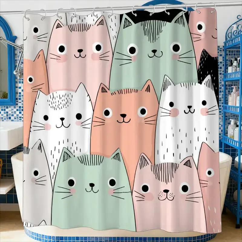 A Bathroom Shower Curtain Featuring A Cat Beauty Contest For Pet Day, Includes 12 Hooks, Measuring 70.87*70.87Inch For Home Deco