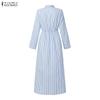 ZANZEA Women Casual Turn Down Collar Long Sleeve Stripe Dress