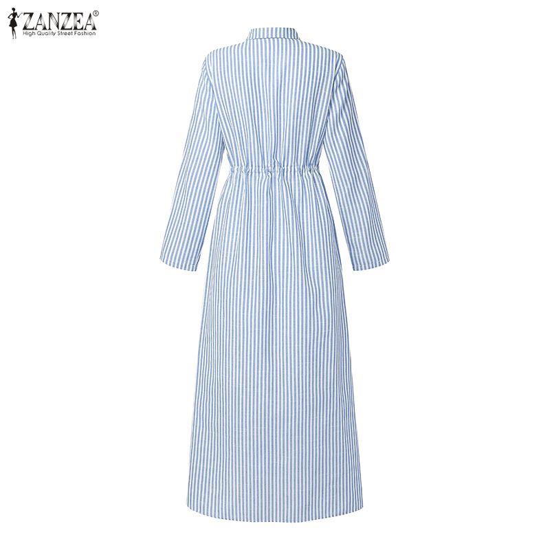 ZANZEA Women Casual Turn Down Collar Long Sleeve Stripe Dress