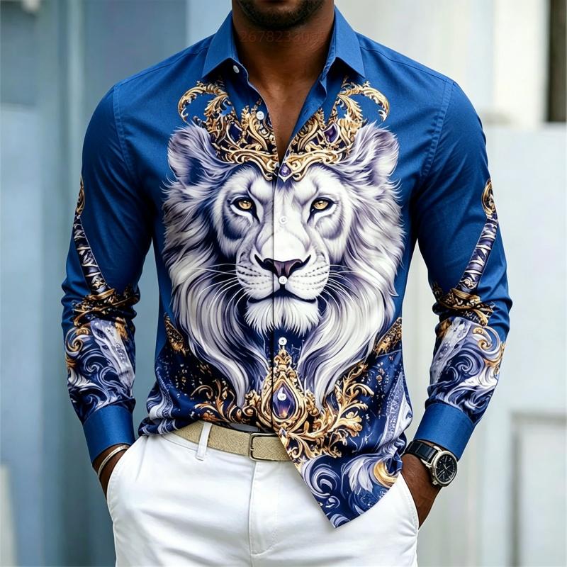 Camicia da uomo a maniche lunghe con colletto camicia Stampa Re Leone camicia business casual alla moda casual taglia grande vestibilità aderente top da uomo