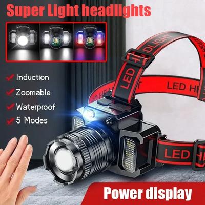 Lampada frontale a LED con sensore, lampada da campeggio, luce di ricerca, torcia frontale, ricaricabile, potente, lampada frontale, lanterne frontali, fari, 5 modalità