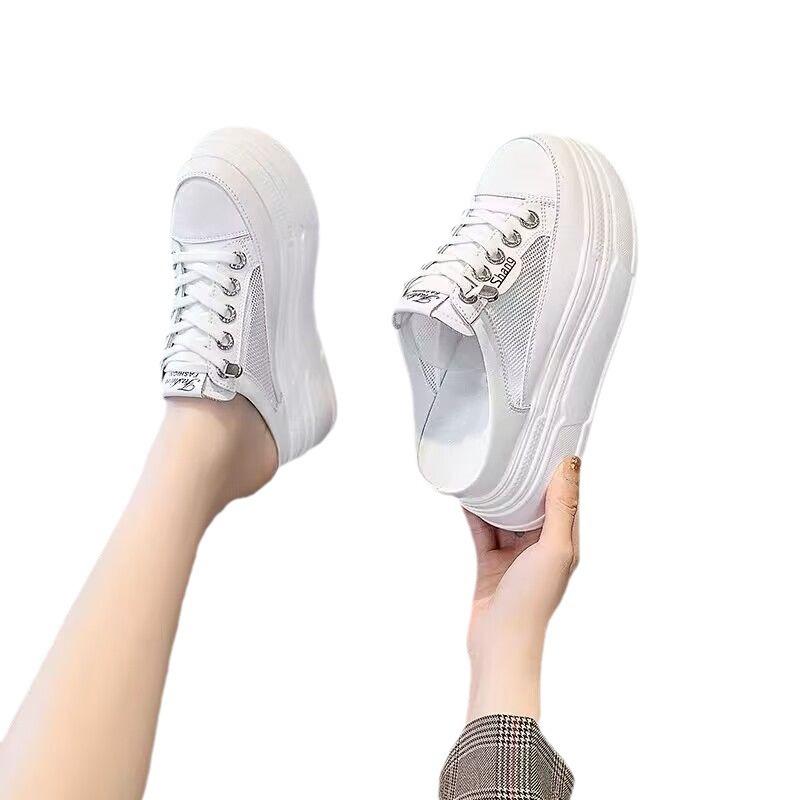 Casual Shoes 2025 Summer Hot Item Mesh Half Drag White Shoes Women's Casual Thick Soled Toe Cap Women's Shoes