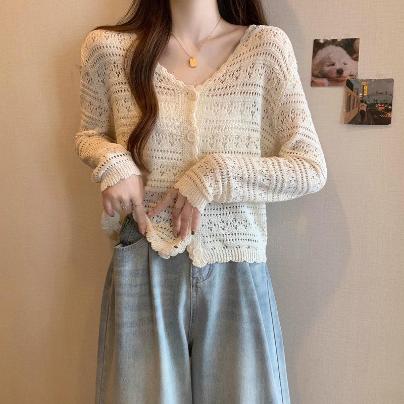 2025 Women's Plus Size Ice Silk V-Neck Knit Cardigan - Summer Sun Protection, Solid Color, Thin, Hollow-Out Short Shawl Jacket