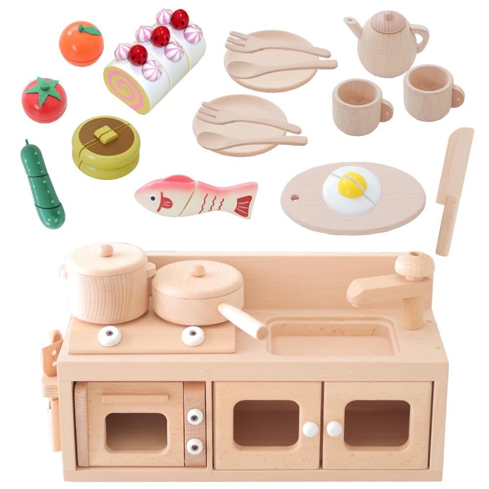 Daiwa Wooden Toy Mini Kitchen A Complete Pretend Play Starter Set Perfect for pretend kitchen wooden kitchen pretend play set (White) - - play,