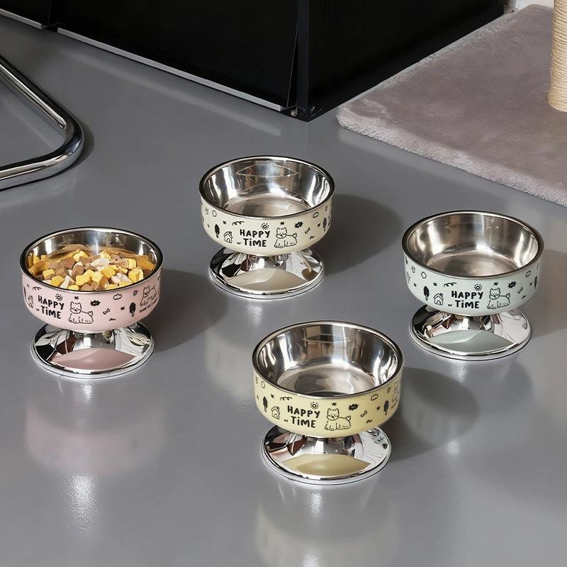 Cuenco elevado de acero inoxidable para gatos, comedero antideslizante para mascotas, protección cervical